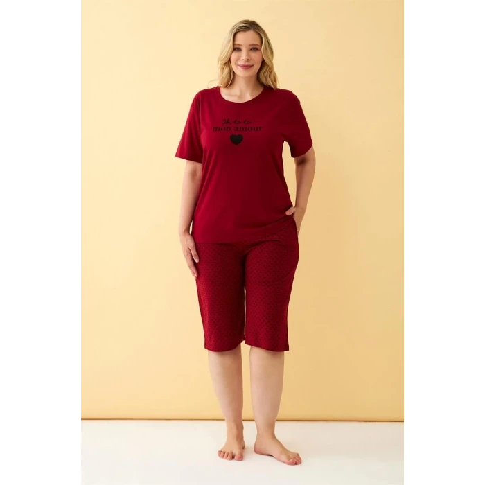 Giyim Kadın Bordo Kalp Desenli Büyük Beden Kapri Pijama Takımı