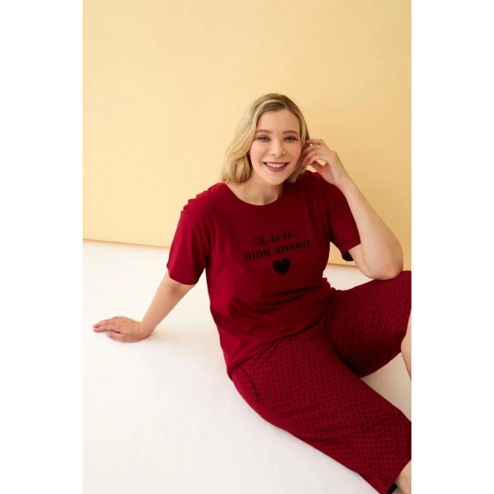 Giyim Kadın Bordo Kalp Desenli Büyük Beden Kapri Pijama Takımı