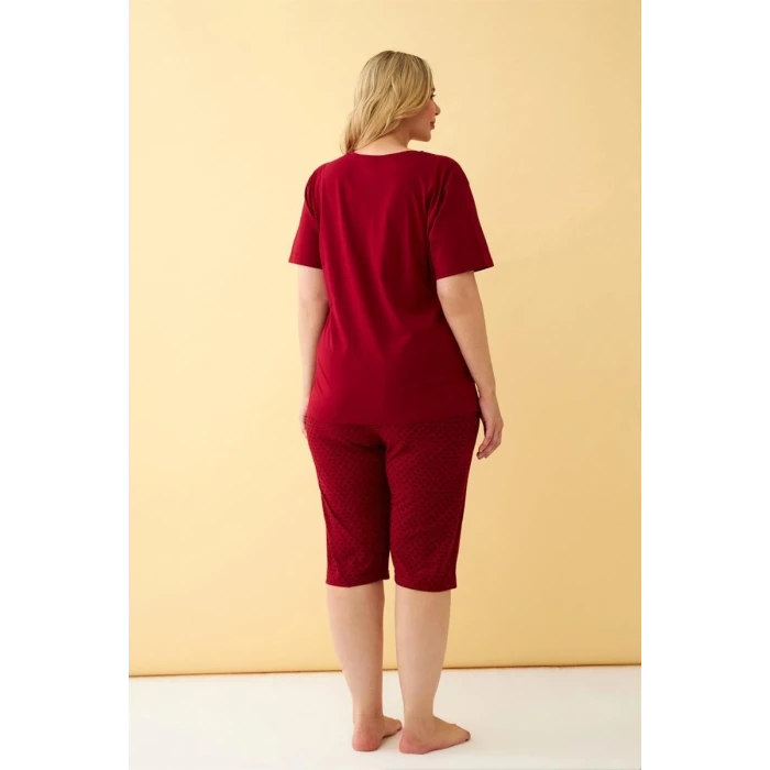 Giyim Kadın Bordo Kalp Desenli Büyük Beden Kapri Pijama Takımı