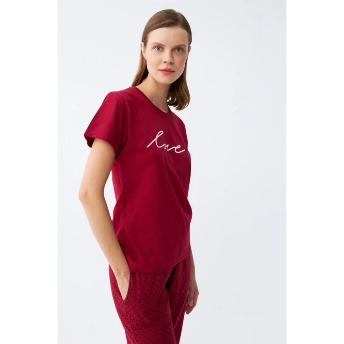 Giyim Kadın Bordo Kalp Desenli Kapri Pijama Takımı