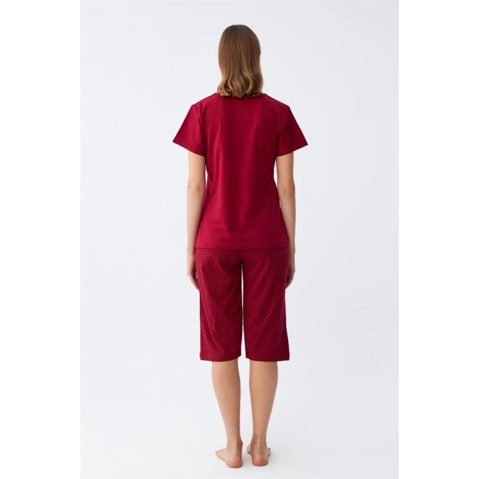 Giyim Kadın Bordo Kalp Desenli Kapri Pijama Takımı