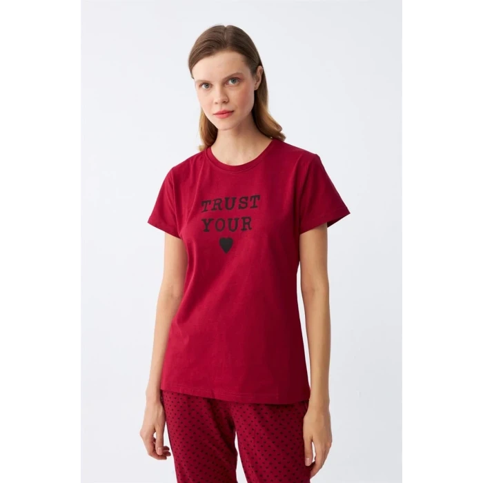 Giyim Kadın Bordo Kalp Desenli Kısa Kollu Penye Pijama Takımı