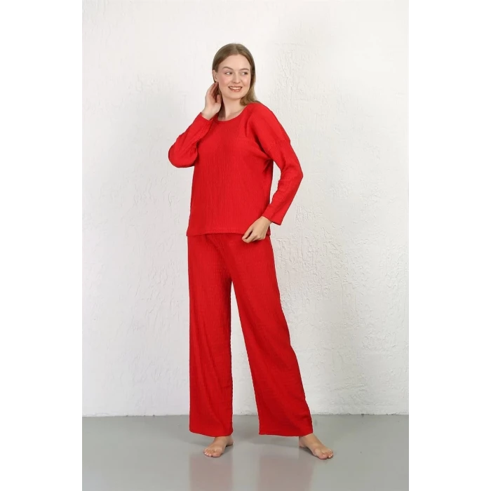 Giyim Kadın Bürümcük Kumaş Pijama Takım Kırmızı