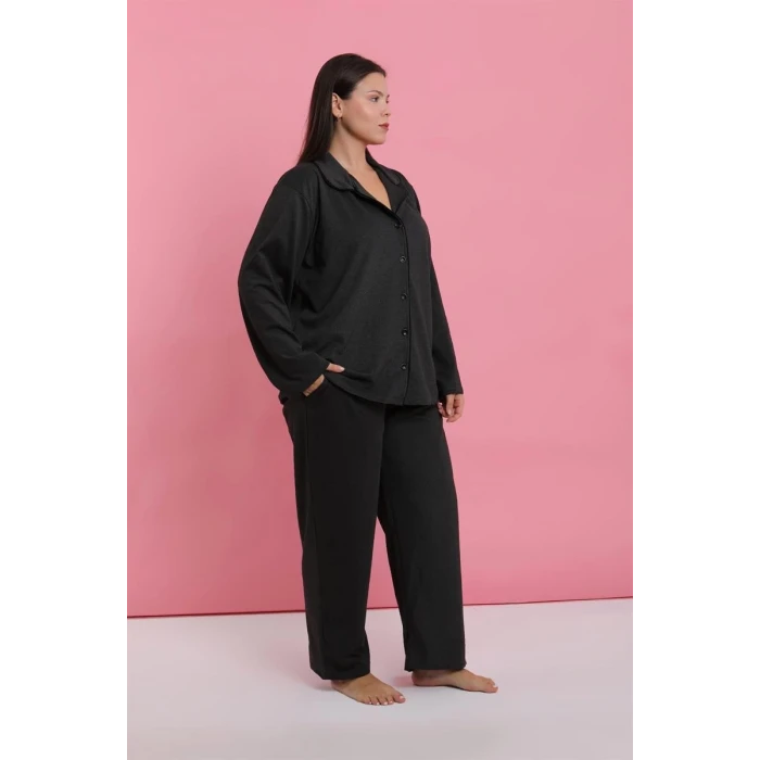 Giyim Kadın Büyük Beden Füme Düğmeli Pijama Takımı
