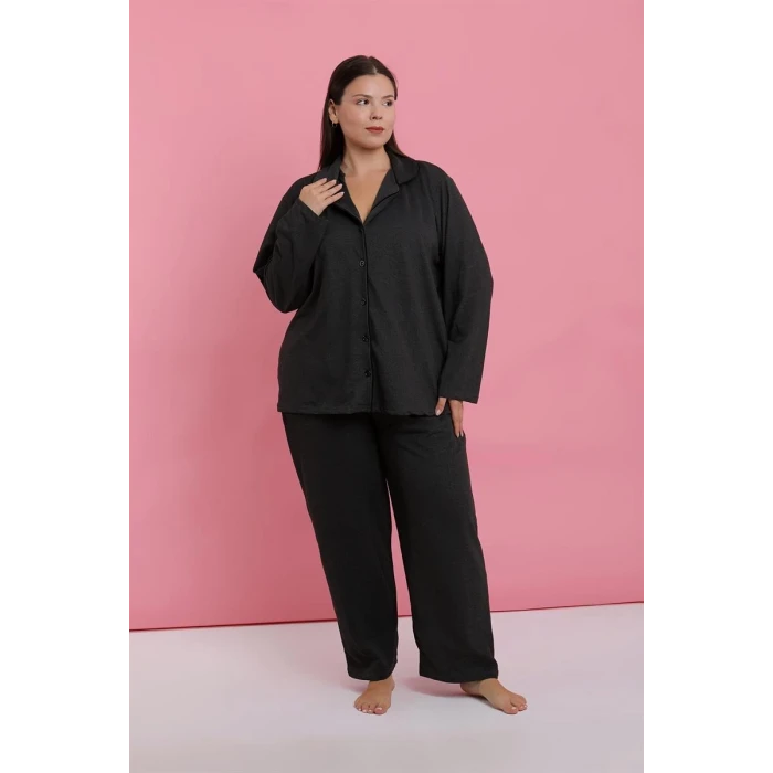 Giyim Kadın Büyük Beden Füme Düğmeli Pijama Takımı