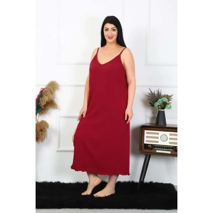 Giyim Kadın Büyük Beden İp Askılı Pamuklu Bordo Uzun Gecelik