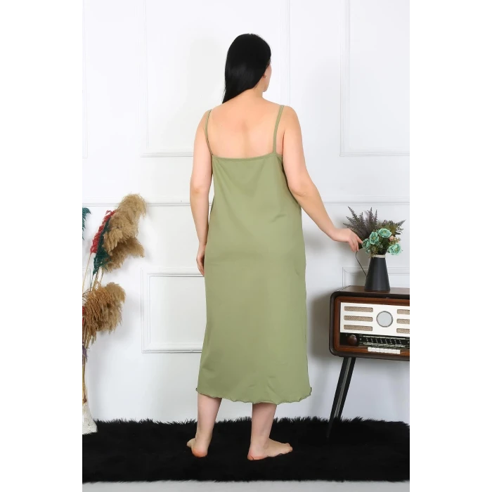 Giyim Kadın Büyük Beden İp Askılı Pamuklu Haki Uzun Gecelik