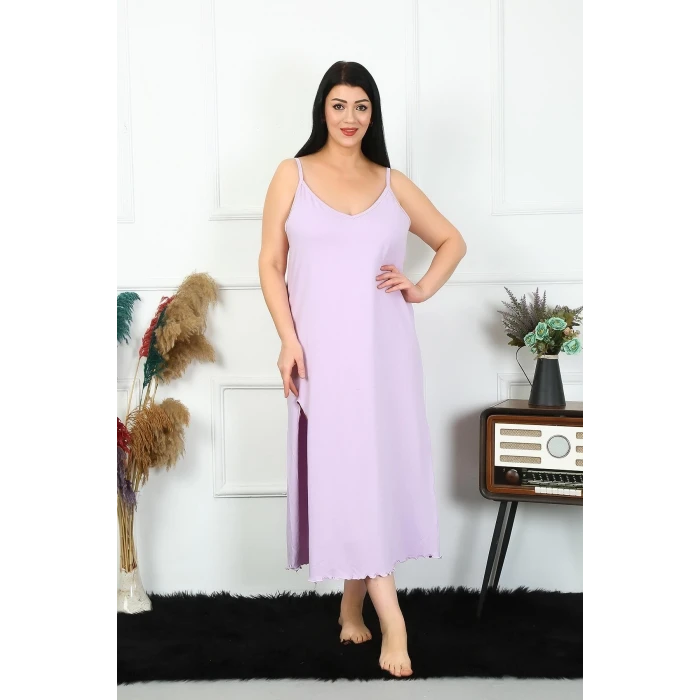 Giyim Kadın Büyük Beden İp Askılı Pamuklu Lila Uzun Gecelik