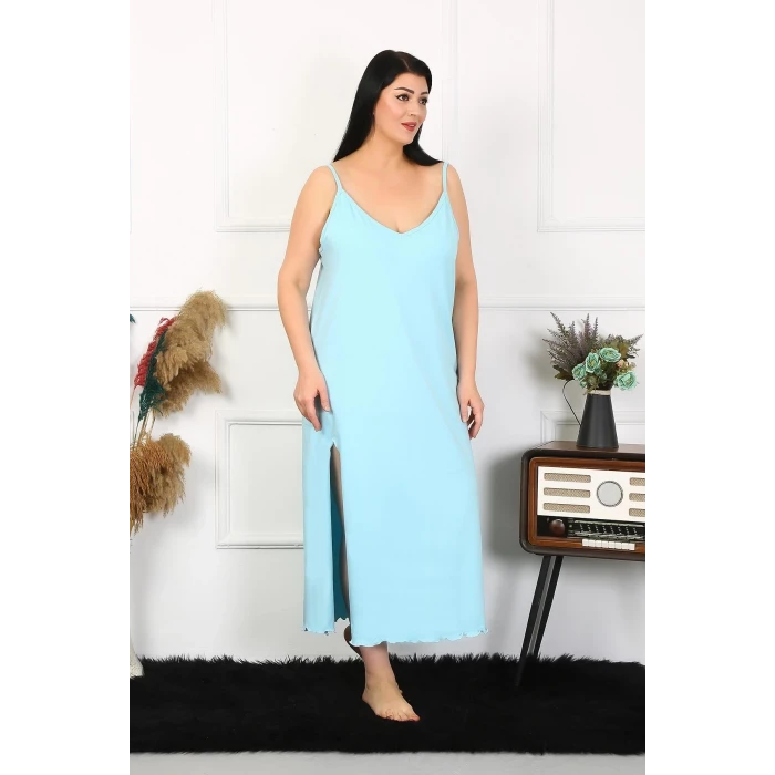 Giyim Kadın Büyük Beden İp Askılı Pamuklu Mavi Uzun Gecelik