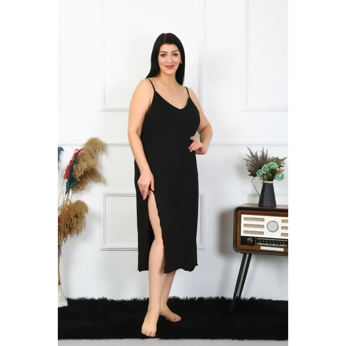 Giyim Kadın Büyük Beden İp Askılı Pamuklu Siyah Uzun Gecelik