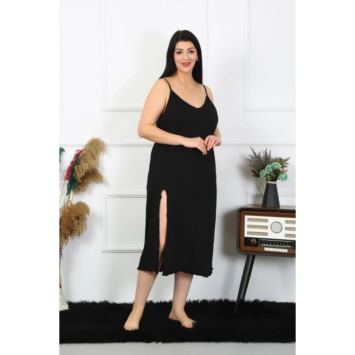 Giyim Kadın Büyük Beden İp Askılı Pamuklu Siyah Uzun Gecelik