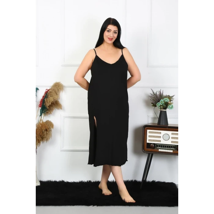 Giyim Kadın Büyük Beden İp Askılı Pamuklu Siyah Uzun Gecelik