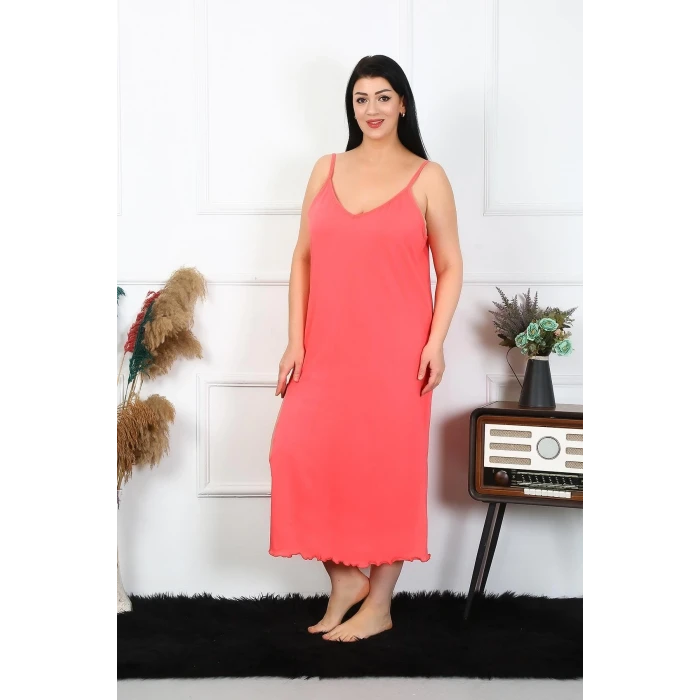 Giyim Kadın Büyük Beden İp Askılı Pamuklu Somon Uzun Gecelik