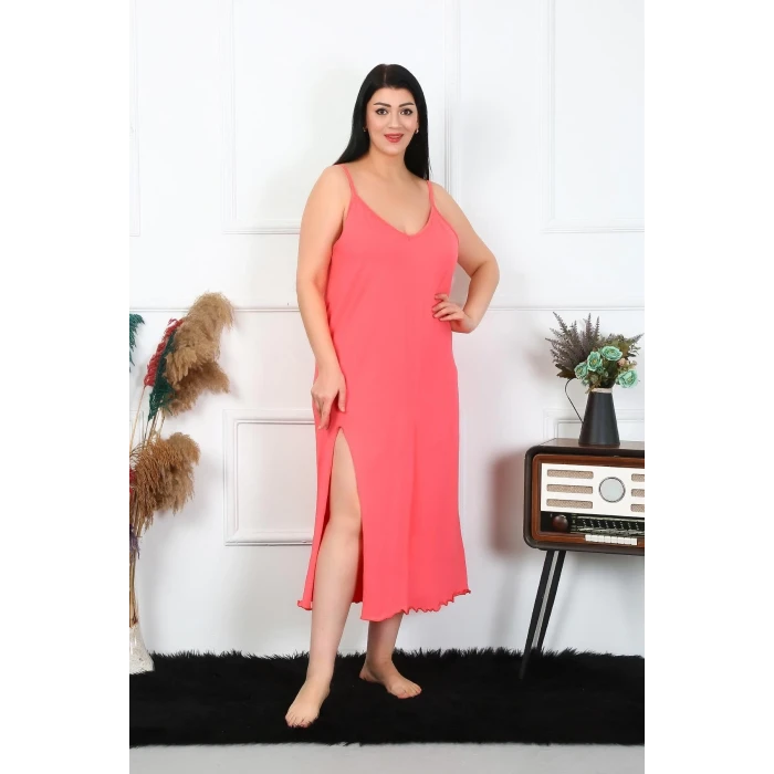 Giyim Kadın Büyük Beden İp Askılı Pamuklu Somon Uzun Gecelik