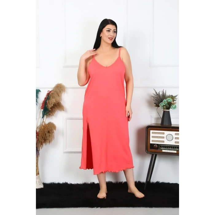 Giyim Kadın Büyük Beden İp Askılı Pamuklu Somon Uzun Gecelik