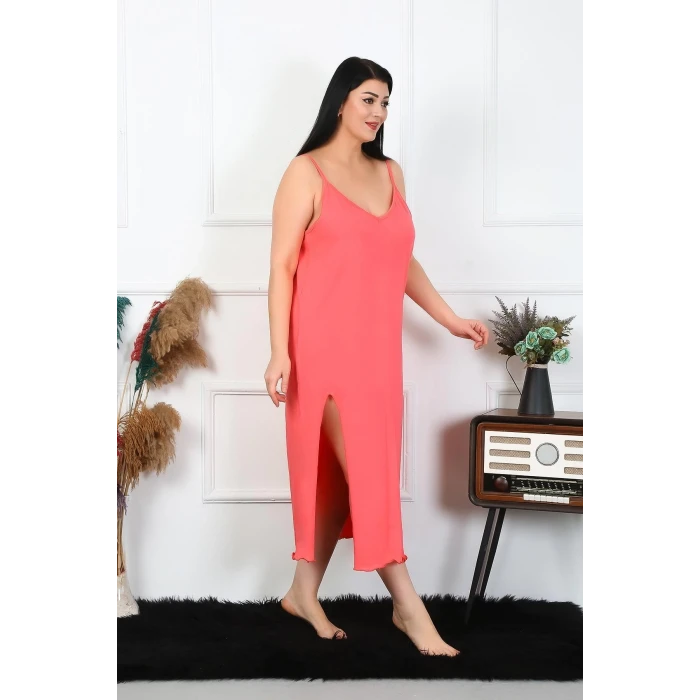 Giyim Kadın Büyük Beden İp Askılı Pamuklu Somon Uzun Gecelik