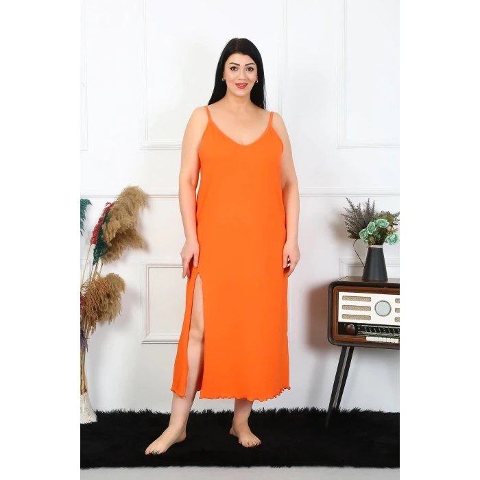 Giyim Kadın Büyük Beden İp Askılı Pamuklu Turuncu Uzun Gecelik
