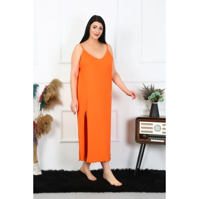 Giyim Kadın Büyük Beden İp Askılı Pamuklu Turuncu Uzun Gecelik