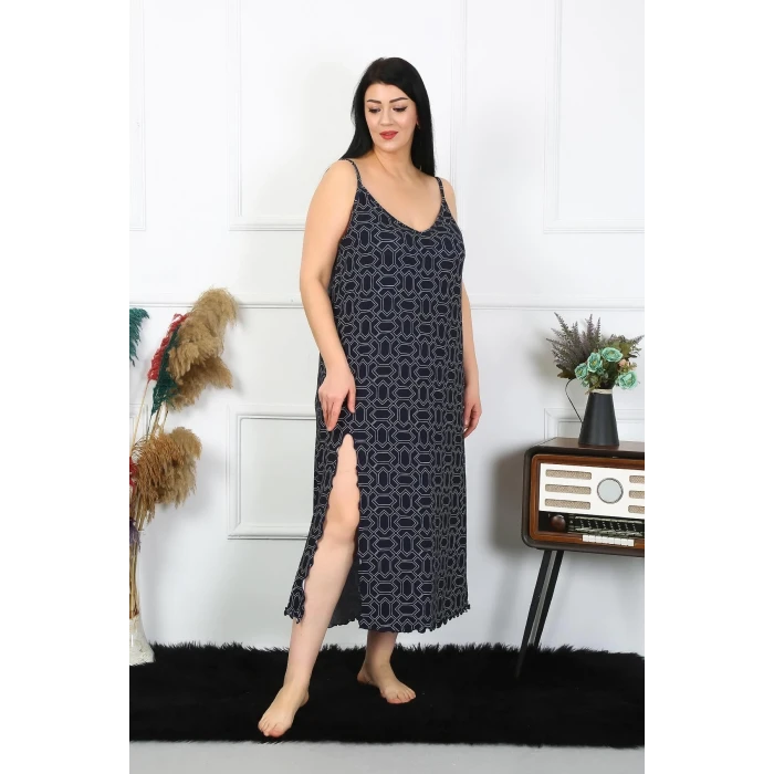 Giyim Kadın Büyük Beden İp Askılı Pamuklu Uzun Gecelik