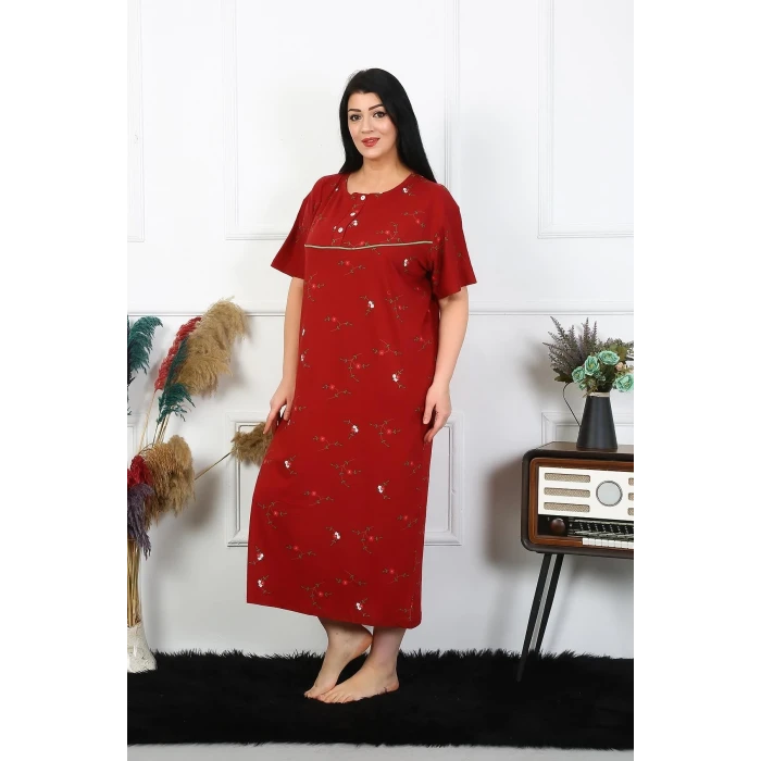Giyim Kadın Büyük Beden Kısa Kol Bordo Anne Gecelik