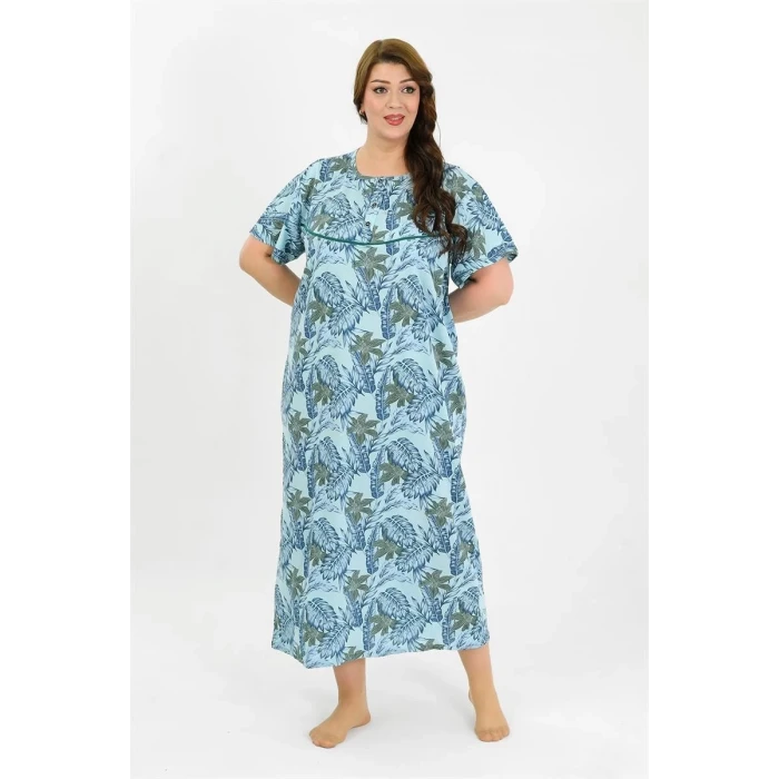 Giyim Kadın Büyük Beden Kısa Kol Mavi Anne Gecelik