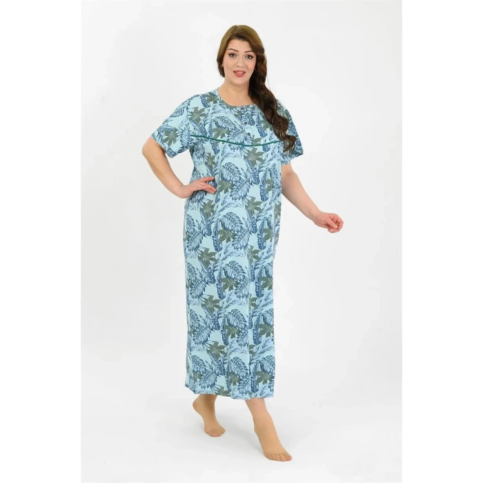 Giyim Kadın Büyük Beden Kısa Kol Mavi Anne Gecelik