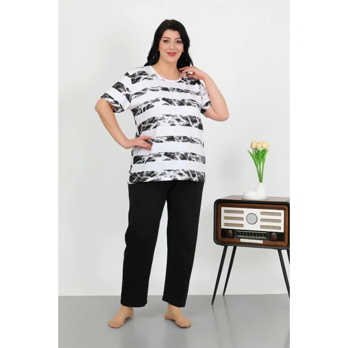 Giyim Kadın Büyük Beden Kısa Kol Penye Pijama Takımı Beyaz