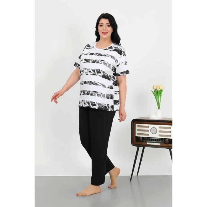 Giyim Kadın Büyük Beden Kısa Kol Penye Pijama Takımı Beyaz