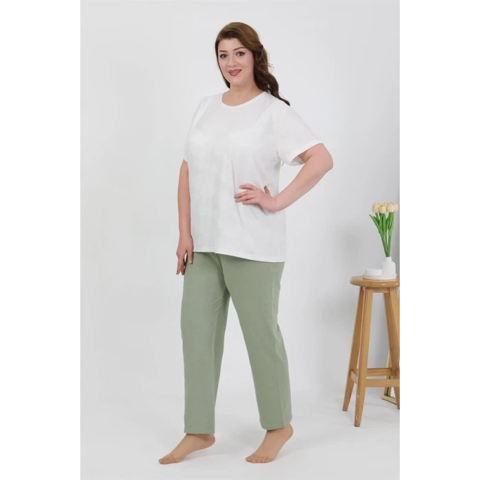 Giyim Kadın Büyük Beden Kısa Kol Penye Pijama Takımı Beyaz