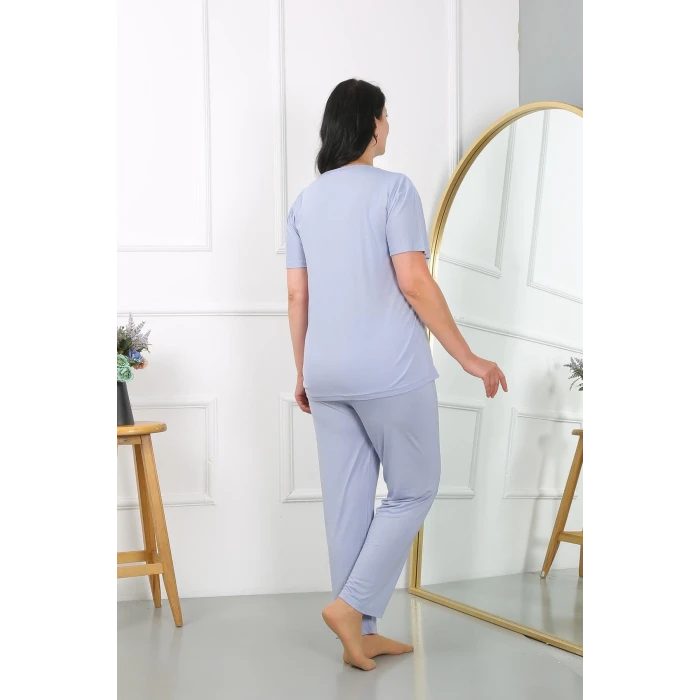 Giyim Kadın Büyük Beden Kısa Kol Penye Pijama Takımı Lila