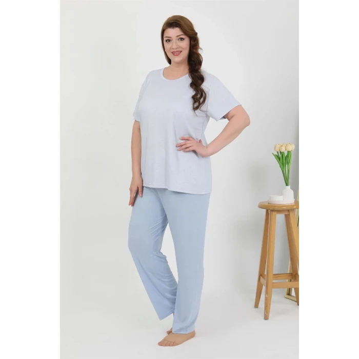 Giyim Kadın Büyük Beden Kısa Kol Penye Pijama Takımı Mavi
