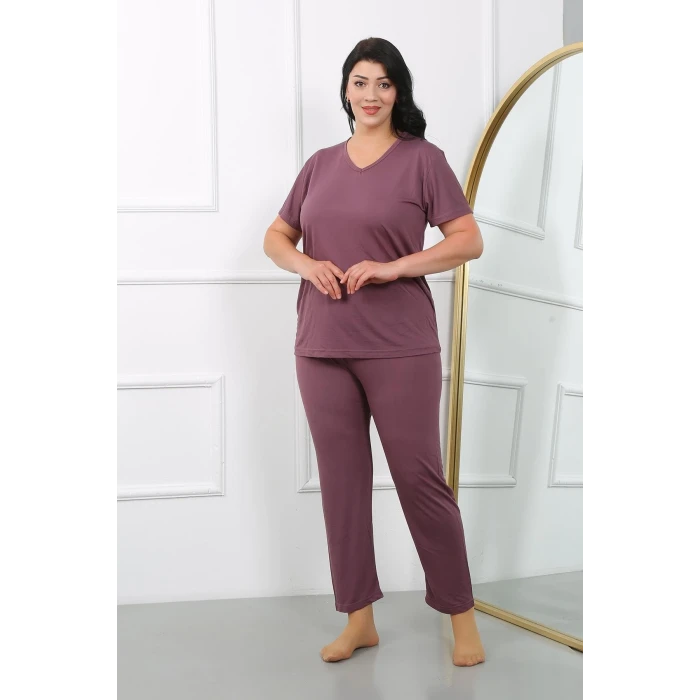Giyim Kadın Büyük Beden Kısa Kol Penye Pijama Takımı Mürdüm