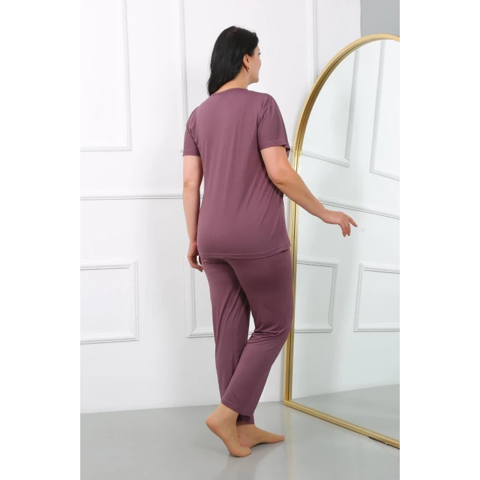 Giyim Kadın Büyük Beden Kısa Kol Penye Pijama Takımı Mürdüm
