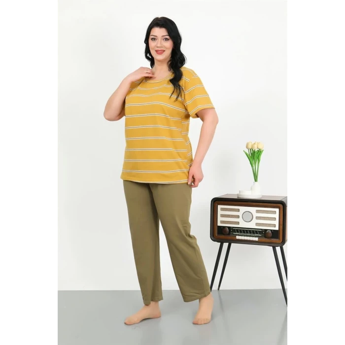 Giyim Kadın Büyük Beden Kısa Kol Penye Pijama Takımı Sarı