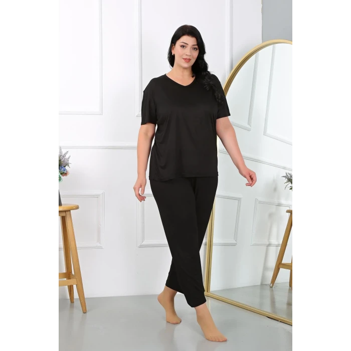 Giyim Kadın Büyük Beden Kısa Kol Penye Pijama Takımı Siyah