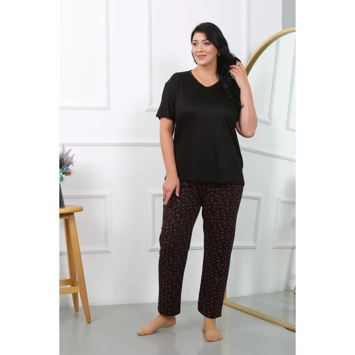 Giyim Kadın Büyük Beden Kısa Kol Penye Pijama Takımı Siyah