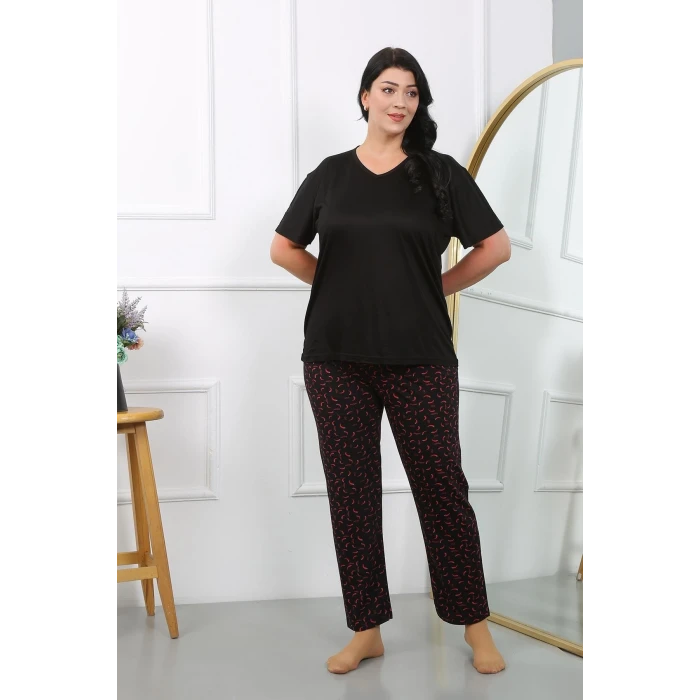 Giyim Kadın Büyük Beden Kısa Kol Penye Pijama Takımı Siyah