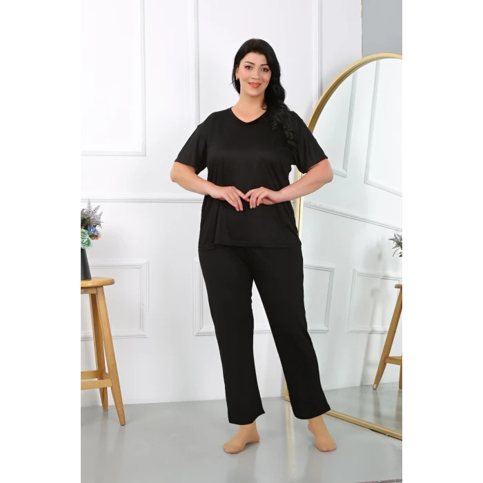 Giyim Kadın Büyük Beden Kısa Kol Penye Pijama Takımı Siyah