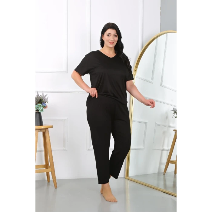 Giyim Kadın Büyük Beden Kısa Kol Penye Pijama Takımı Siyah