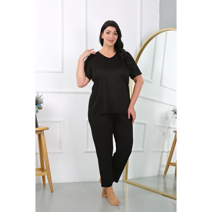 Giyim Kadın Büyük Beden Kısa Kol Penye Pijama Takımı Siyah