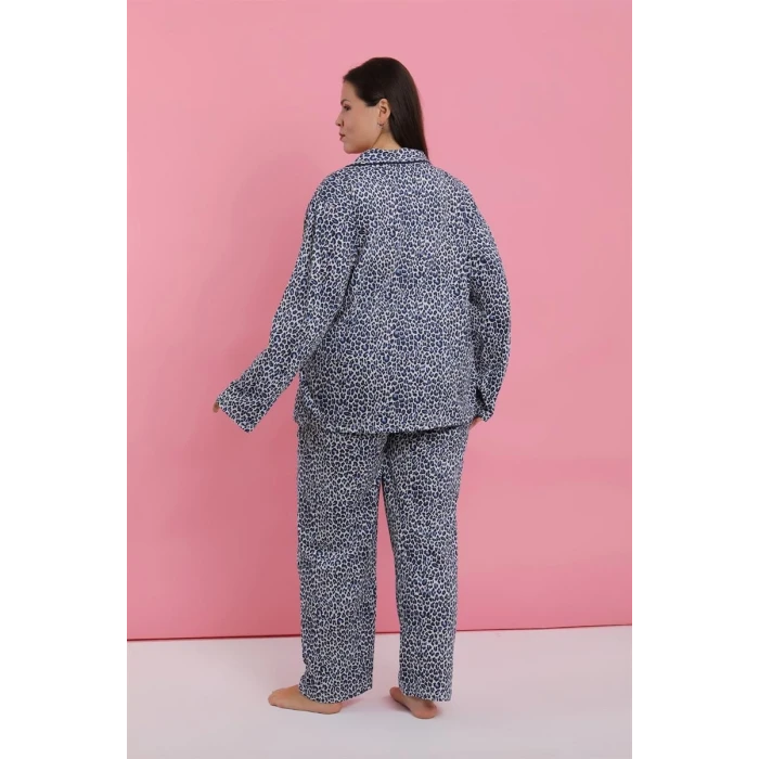 Giyim Kadın Büyük Beden Mavi Leopar Desenli Düğmeli Pijama Takımı