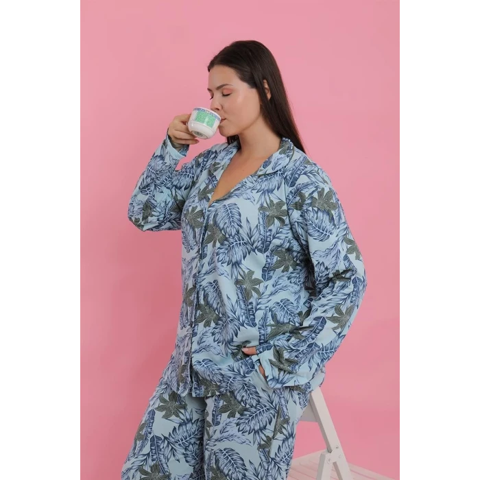 Giyim Kadın Büyük Beden Mavi Tropikal Desenli Düğmeli Pijama Takımı