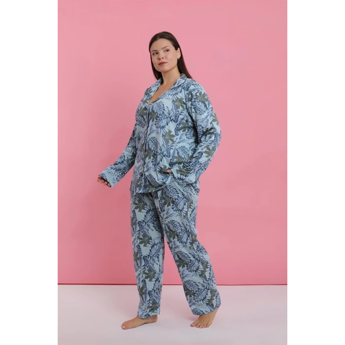 Giyim Kadın Büyük Beden Mavi Tropikal Desenli Düğmeli Pijama Takımı