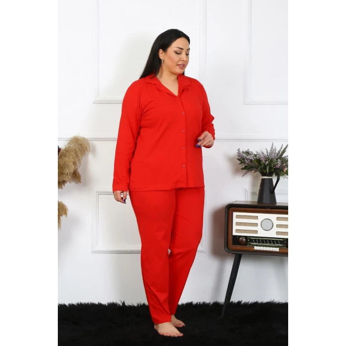 Giyim Kadın Büyük Beden Pamuklu Cepli Düğmeli Kırmızı Pijama Takım