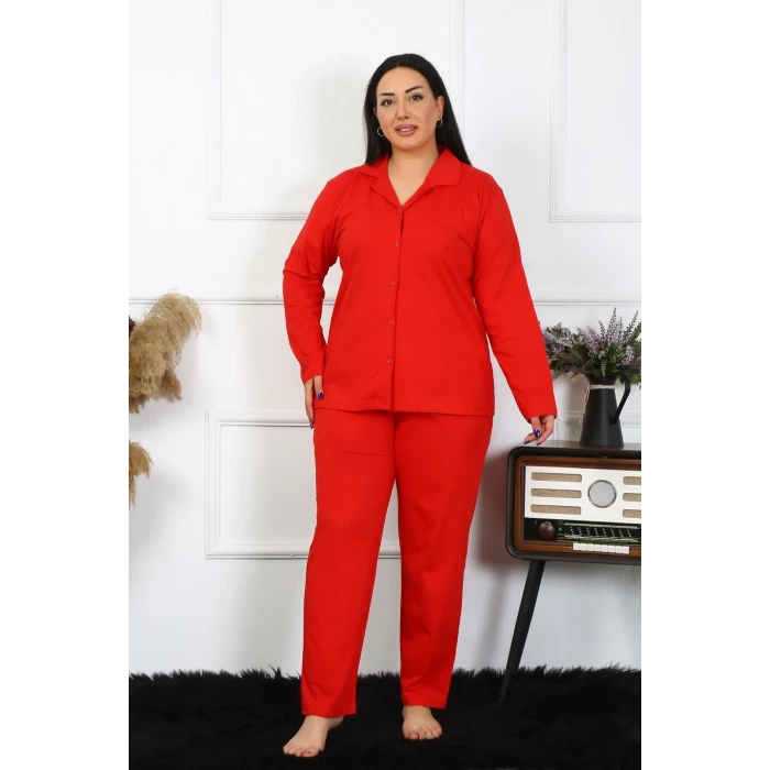 Giyim Kadın Büyük Beden Pamuklu Cepli Düğmeli Kırmızı Pijama Takım