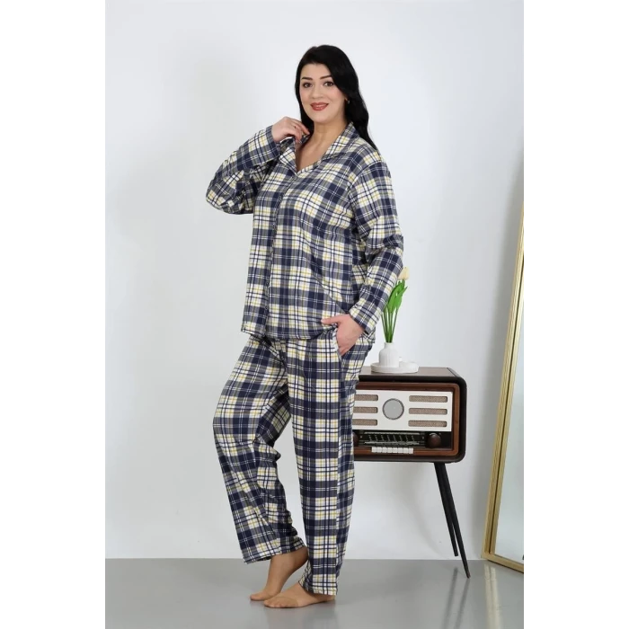 Giyim Kadın Büyük Beden Pamuklu Cepli Düğmeli Lacivert Pijama Takım