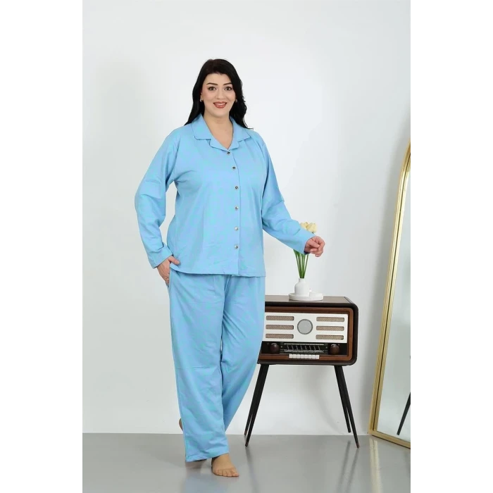 Giyim Kadın Büyük Beden Pamuklu Cepli Düğmeli Mavi Pijama Takım