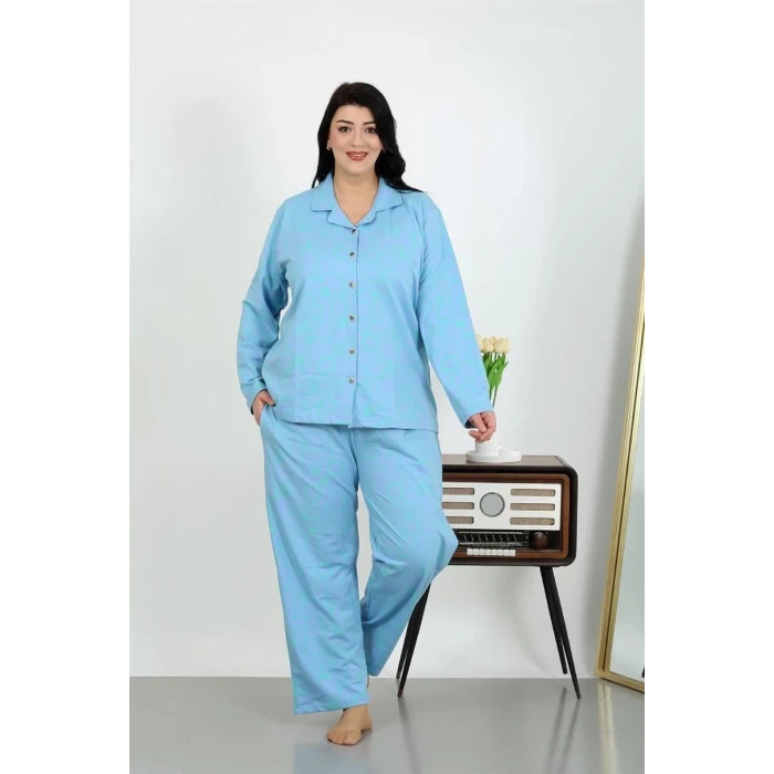 Giyim Kadın Büyük Beden Pamuklu Cepli Düğmeli Mavi Pijama Takım