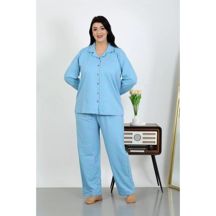 Giyim Kadın Büyük Beden Pamuklu Cepli Düğmeli Mavi Pijama Takım