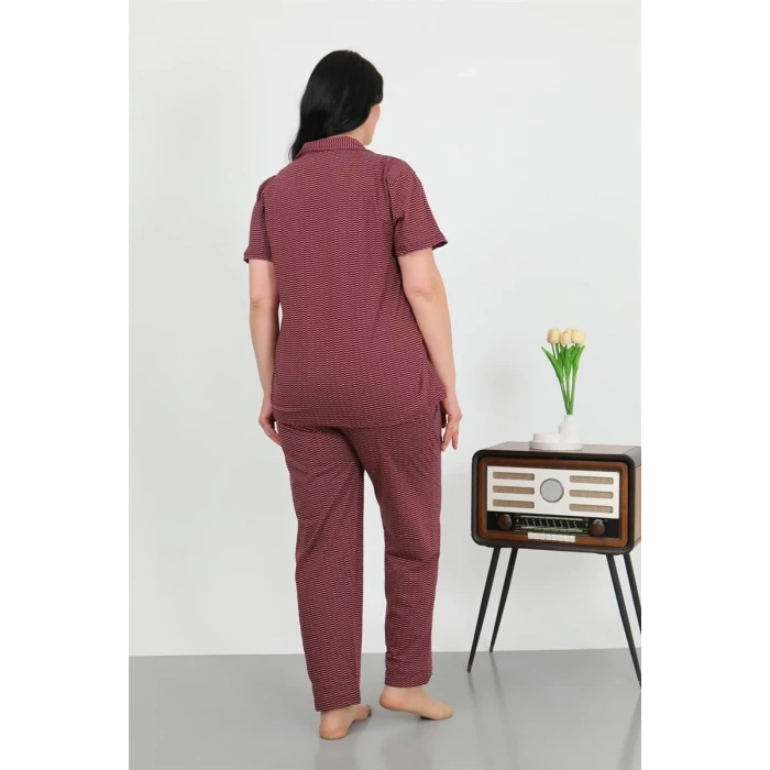 Giyim Kadın Büyük Beden Pamuklu Cepli Düğmeli Mor Pijama Takım